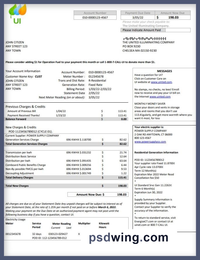 USA Massachusetts Chelsea UI The United Illuminating Company Utility Bill